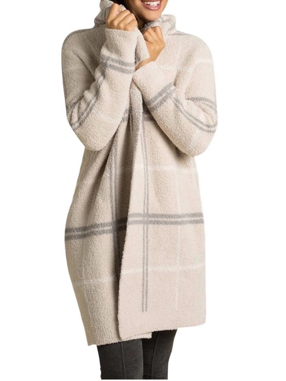 Barefoot Dreams CozyChic Plaid Long Cardigan Cream Gray Size M